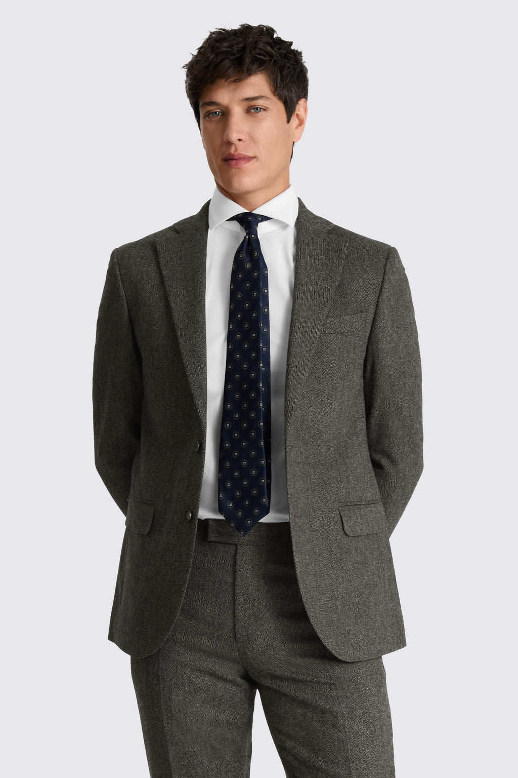 Tailored Fit Olive Herringbone Suit