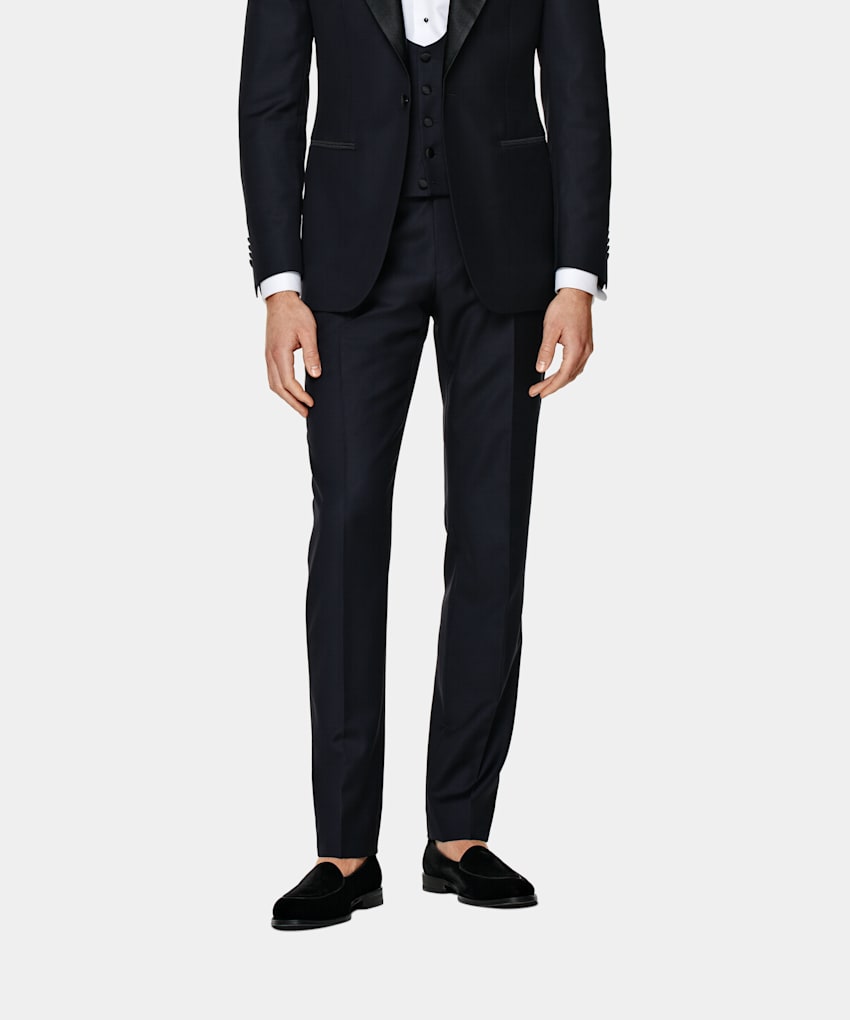 Navy Slim Leg Straight Tuxedo Trousers