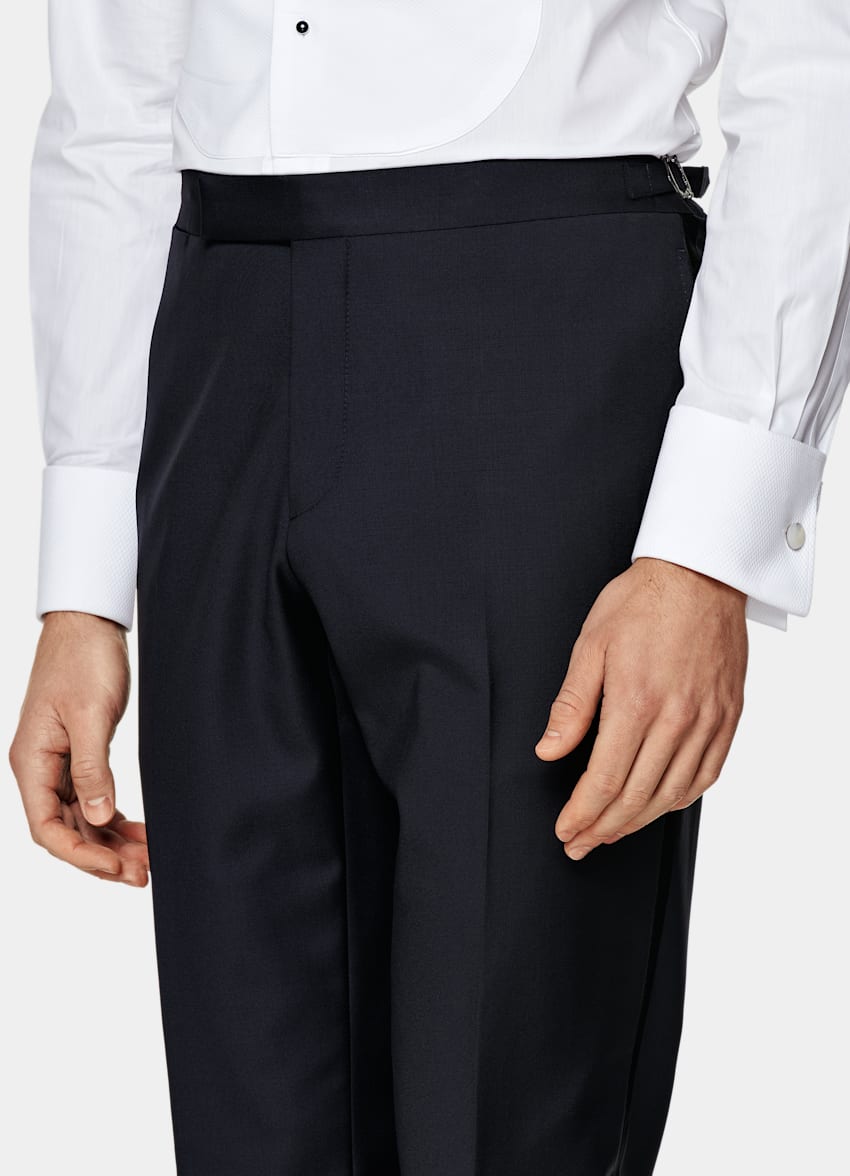Navy Slim Leg Straight Tuxedo Trousers