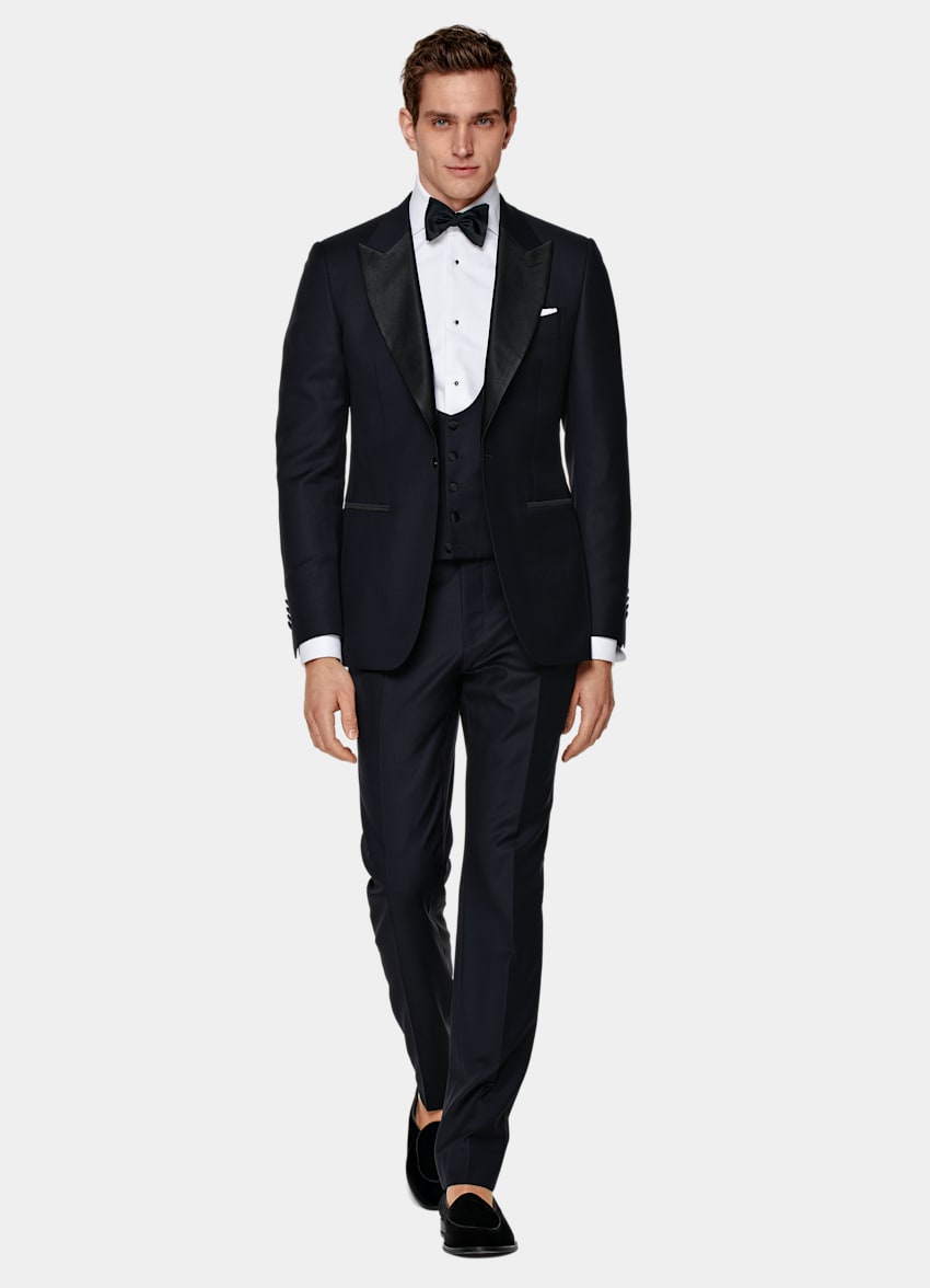 Navy Slim Leg Straight Tuxedo Trousers