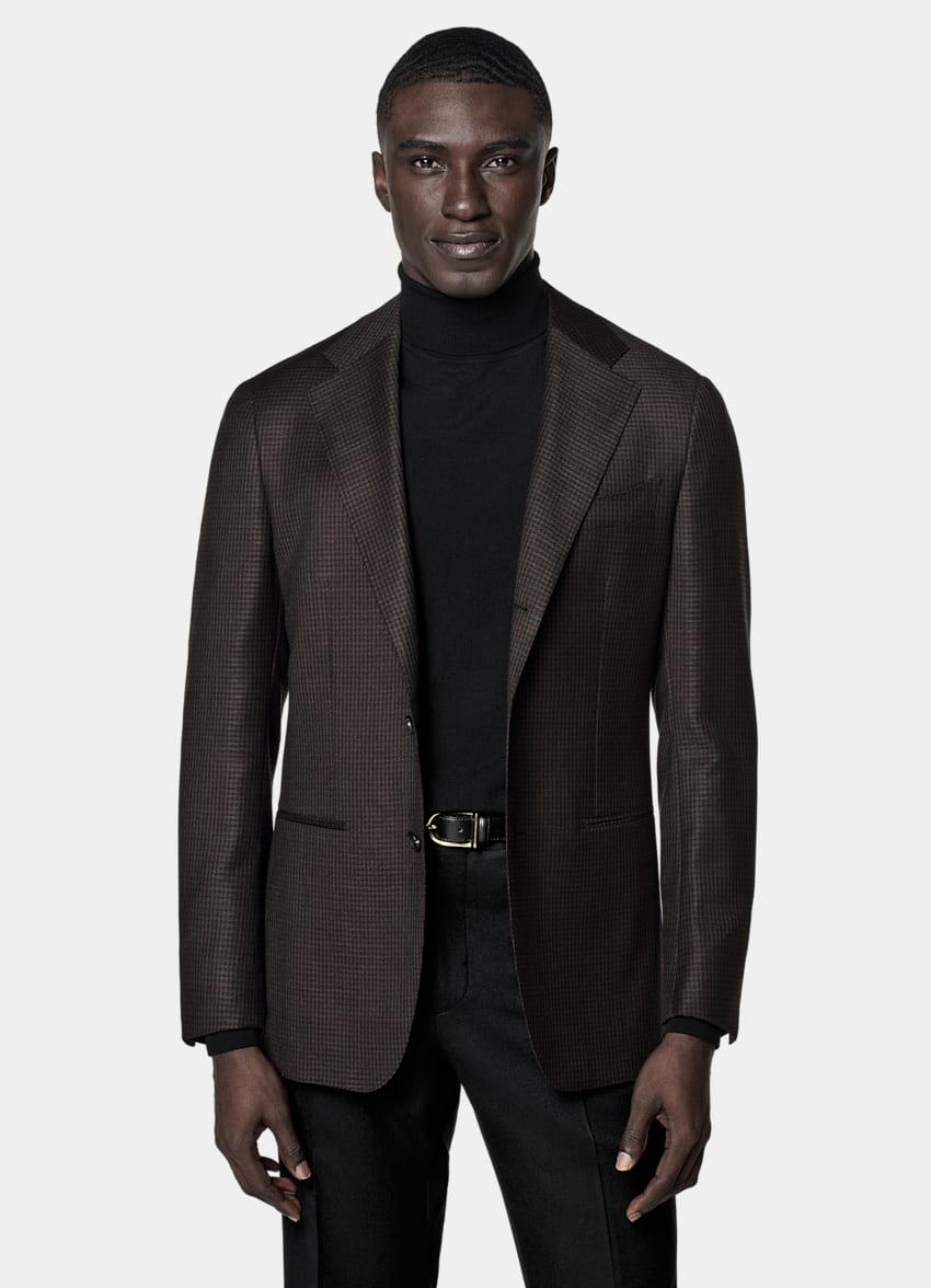Dark Brown Houndstooth Tailored Fit Havana Blazer