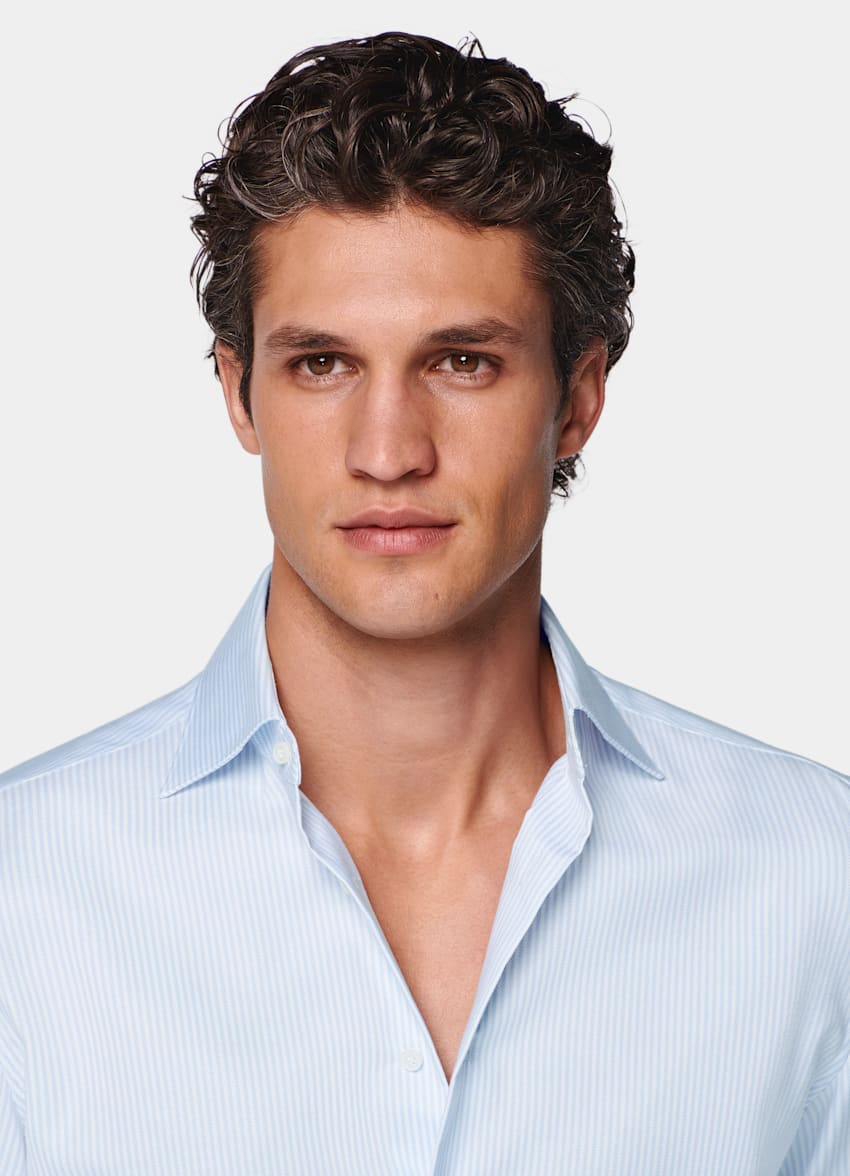 Light Blue Striped Widespread Collar Shirt