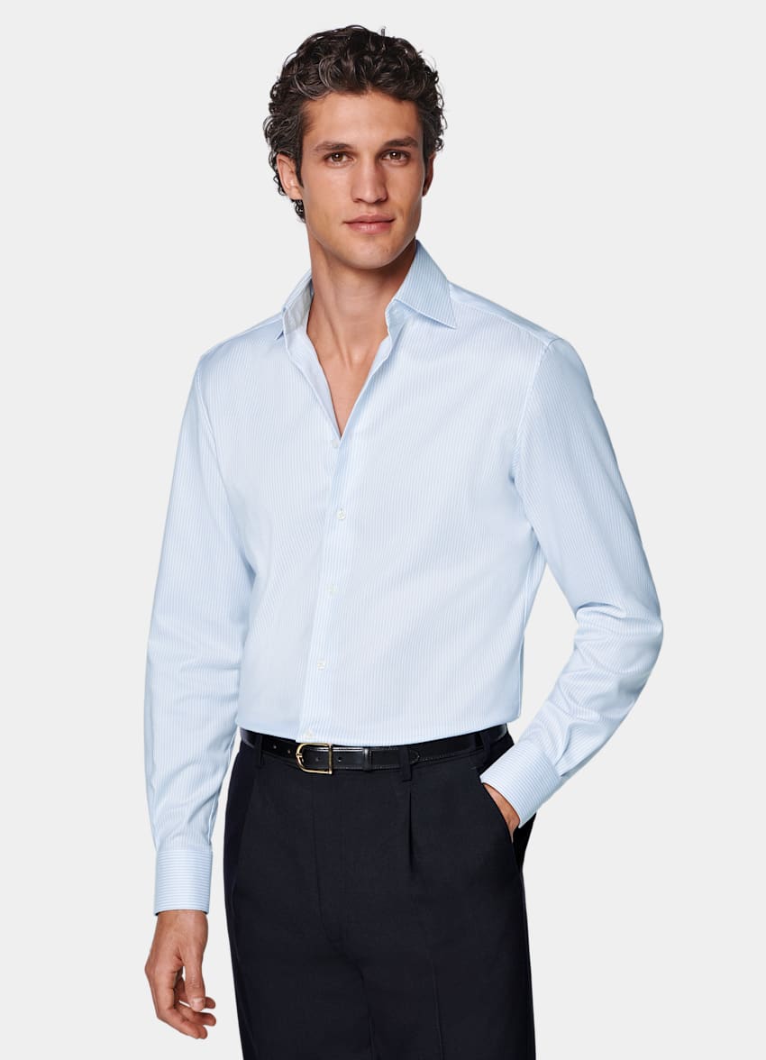 Light Blue Striped Widespread Collar Shirt