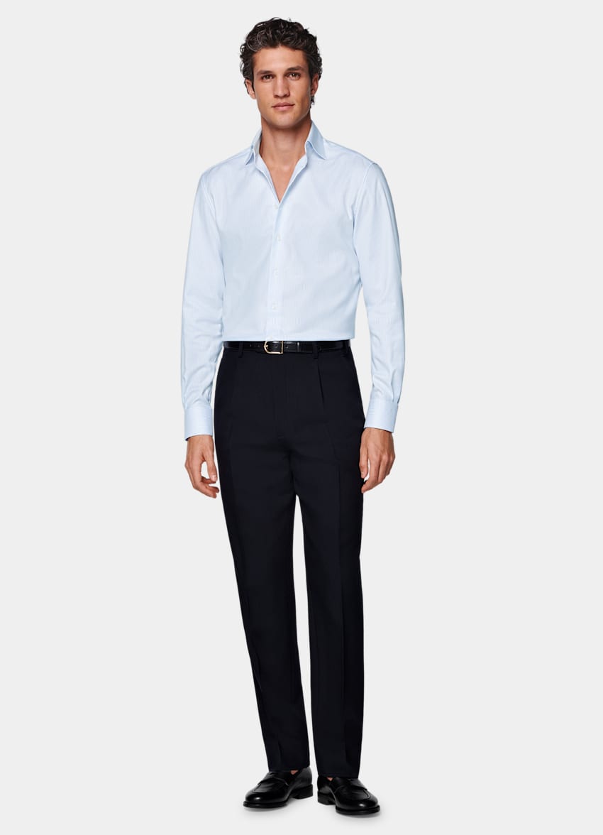 Light Blue Striped Widespread Collar Shirt