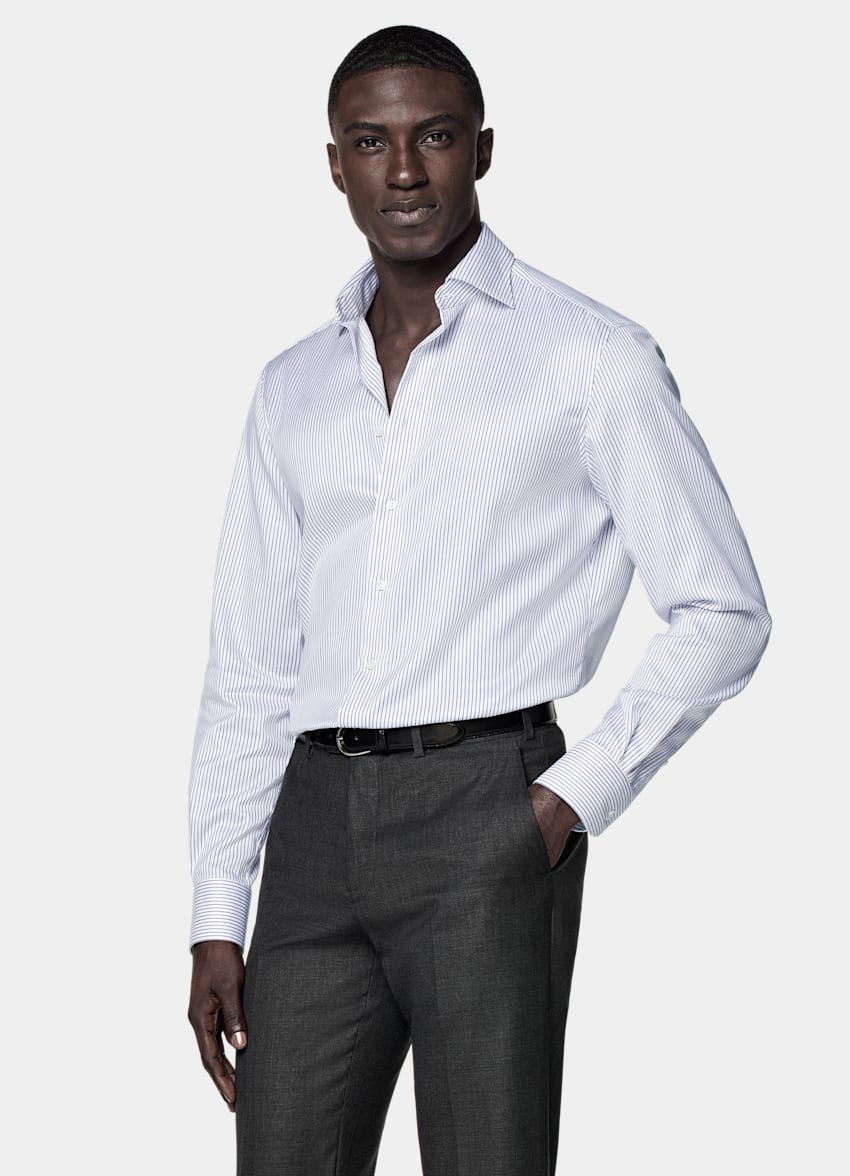 Navy Striped Widespread Collar Shirt