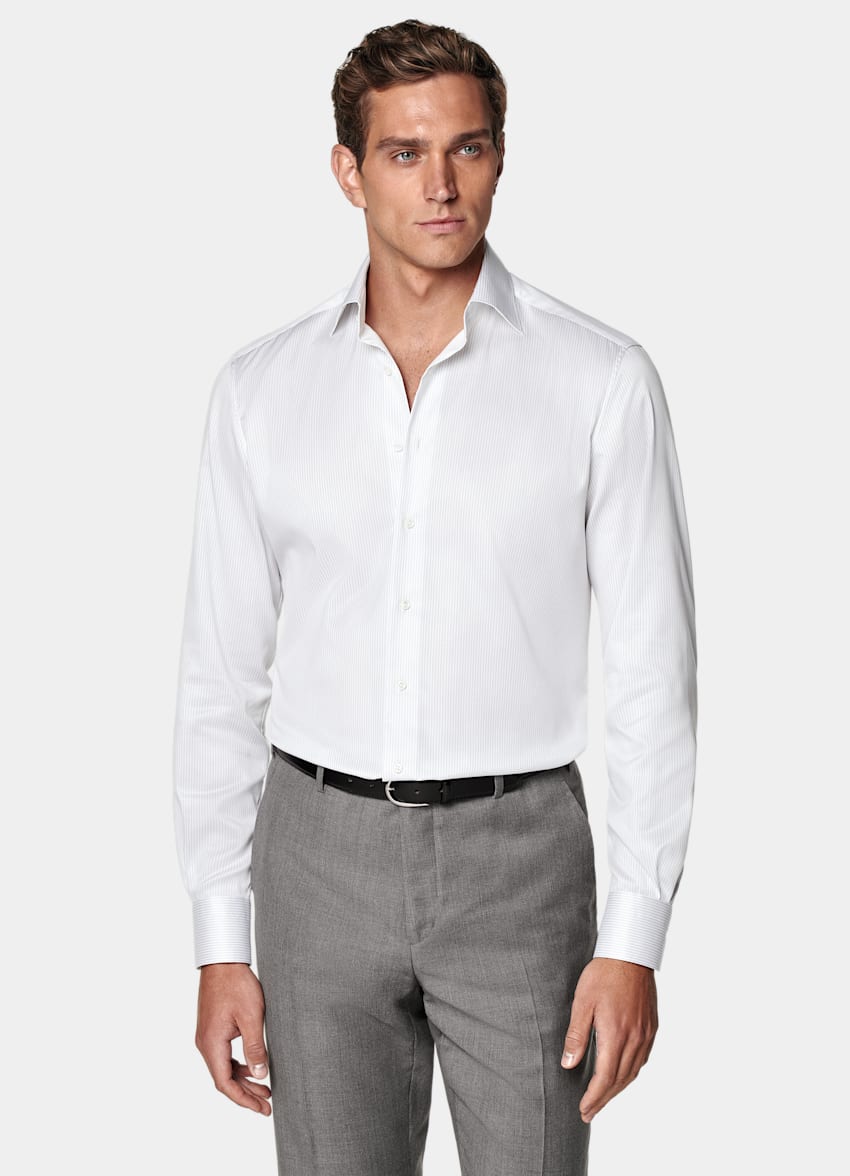 Grey Striped Widespread Collar Shirt