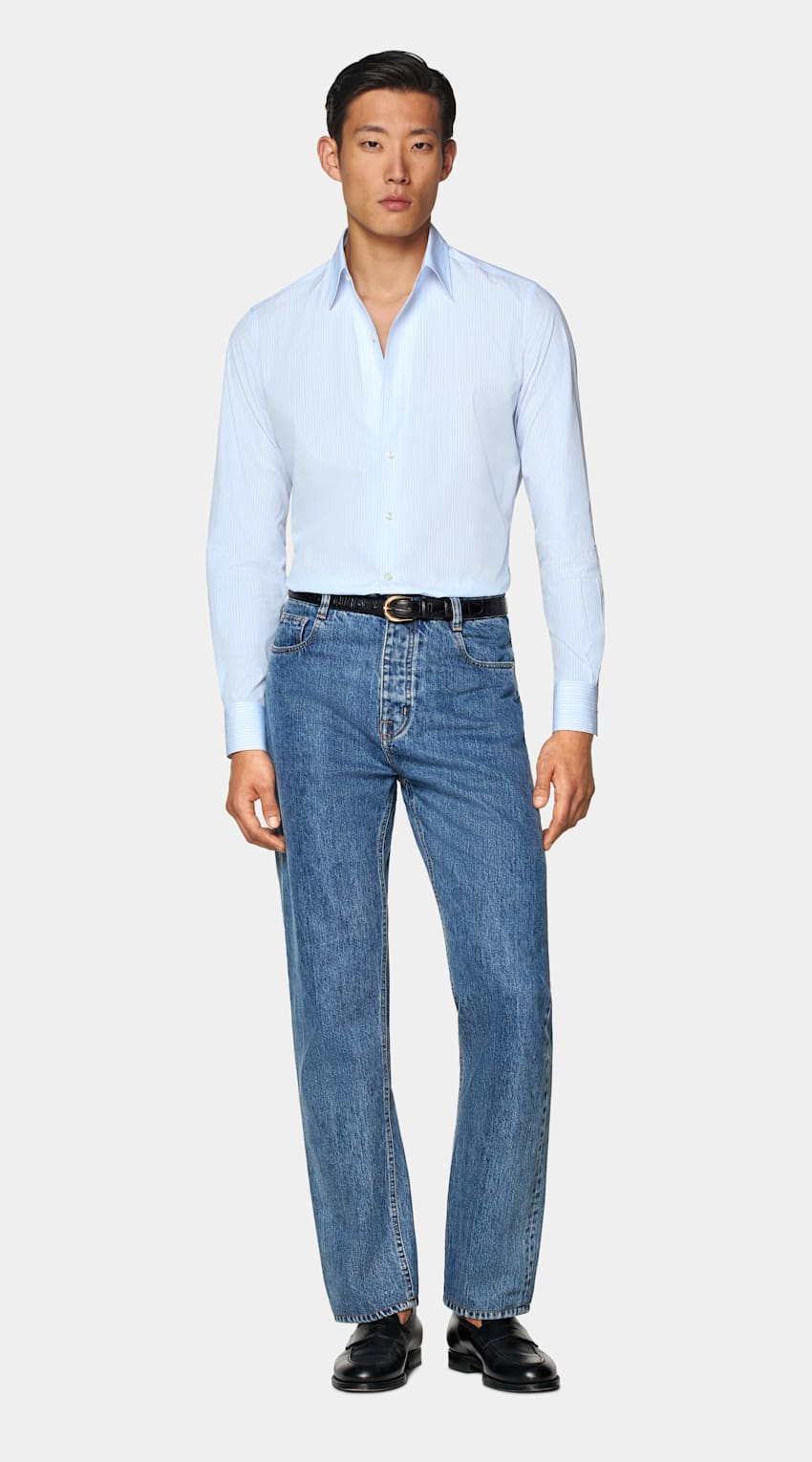 Light Blue Striped Classic Collar Shirt