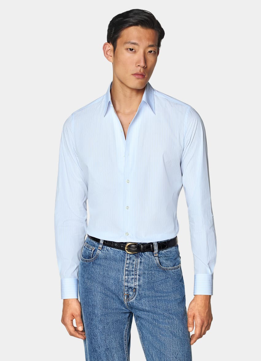 Light Blue Striped Classic Collar Shirt