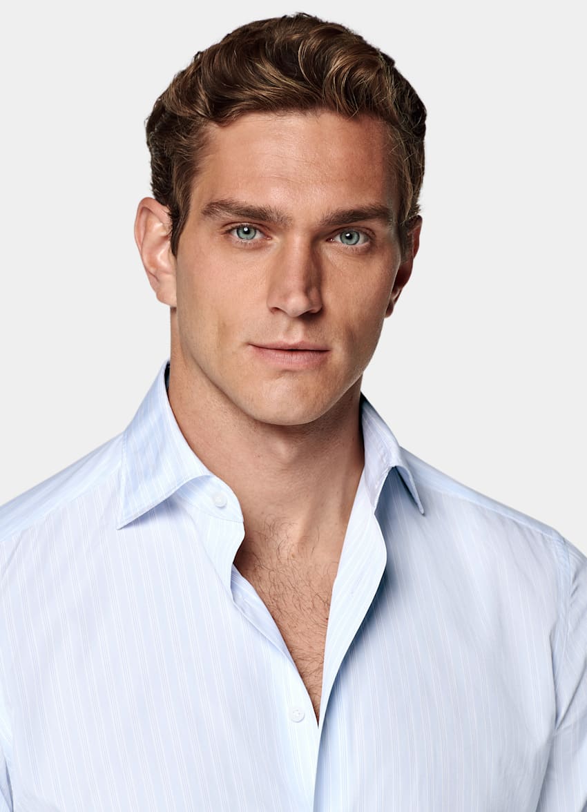 Light Blue Striped Widespread Collar Shirt