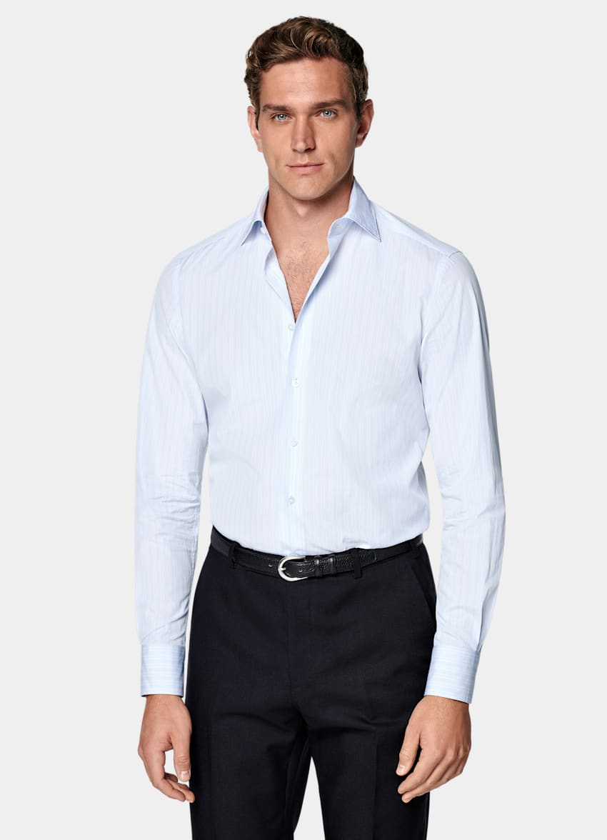 Light Blue Striped Widespread Collar Shirt