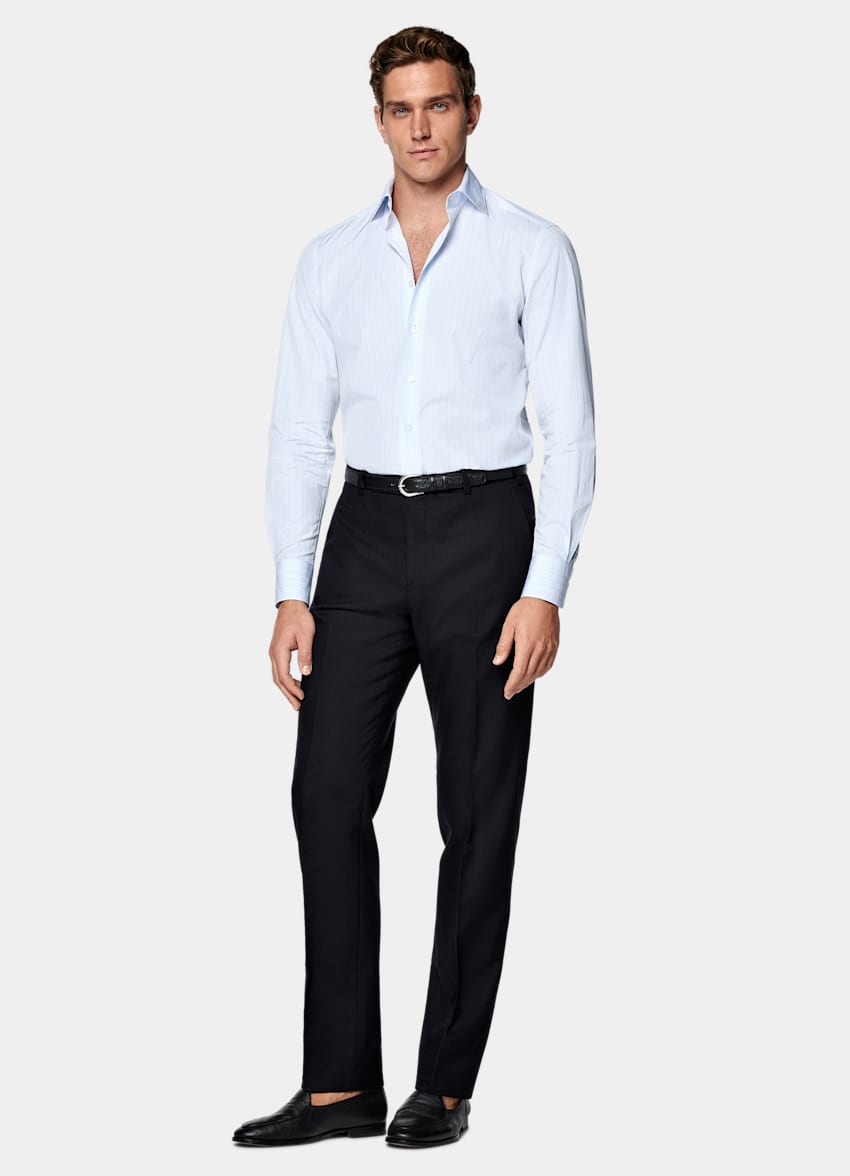 Light Blue Striped Widespread Collar Shirt