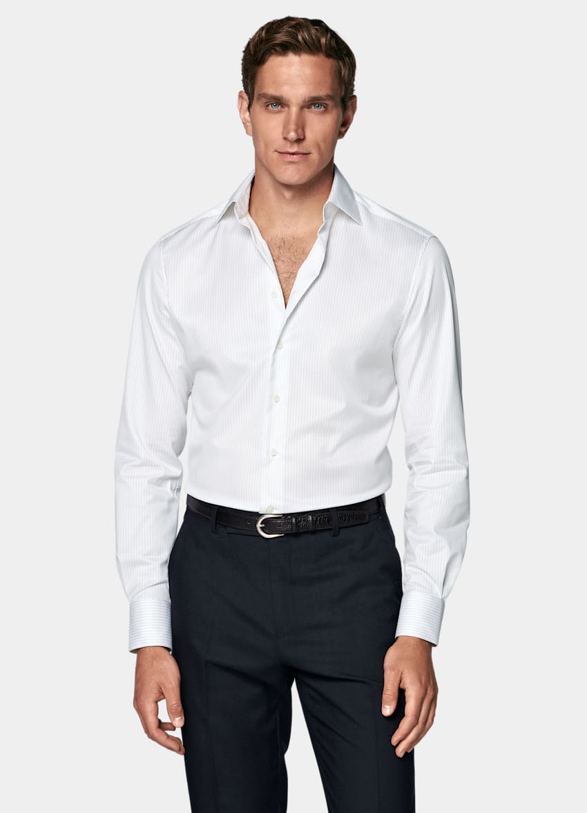 Light Grey Striped Widespread Collar Shirt