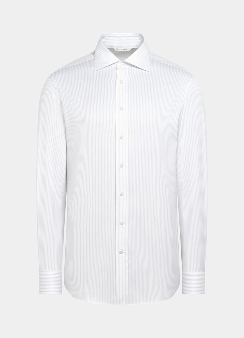 Light Grey Striped Widespread Collar Shirt