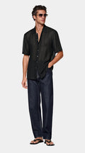 Black Viscose Linen Short Sleeve Shirt