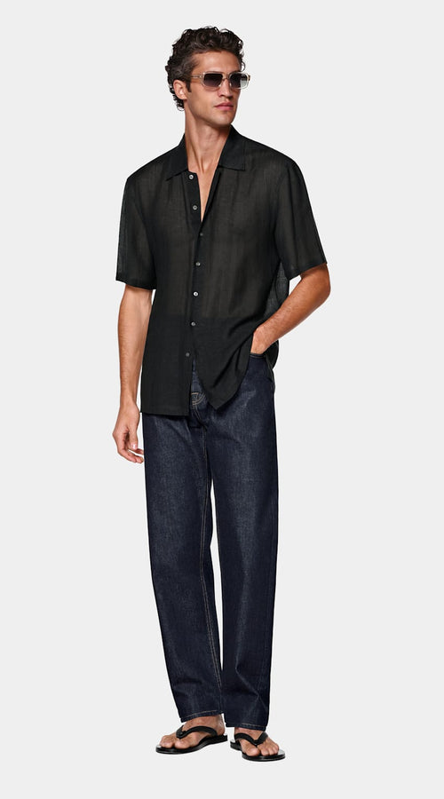 Black Viscose Linen Short Sleeve Shirt