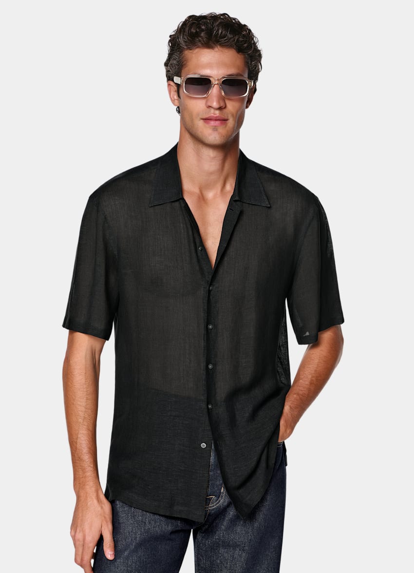 Black Viscose Linen Short Sleeve Shirt