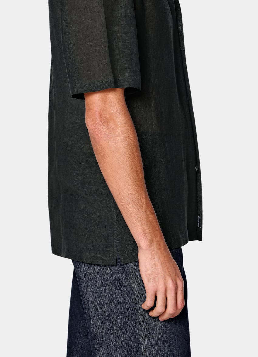 Black Viscose Linen Short Sleeve Shirt