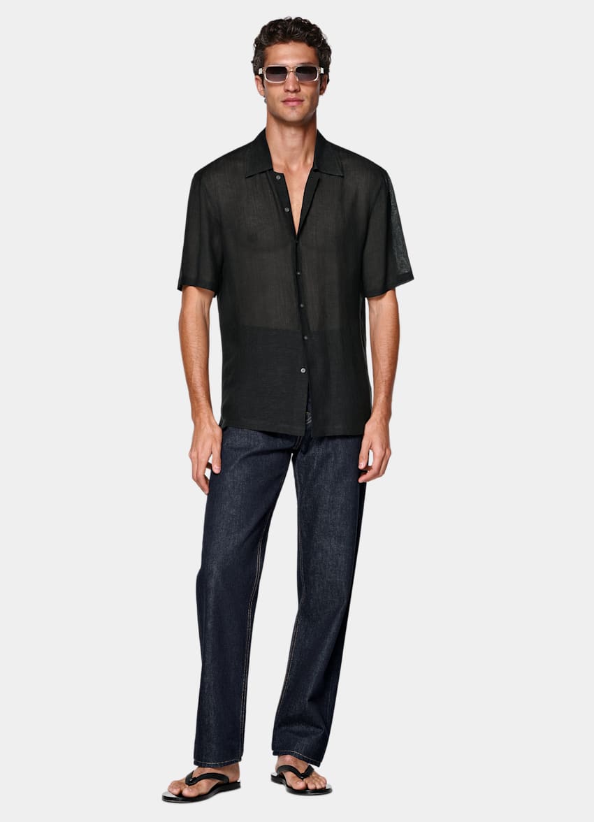 Black Viscose Linen Short Sleeve Shirt