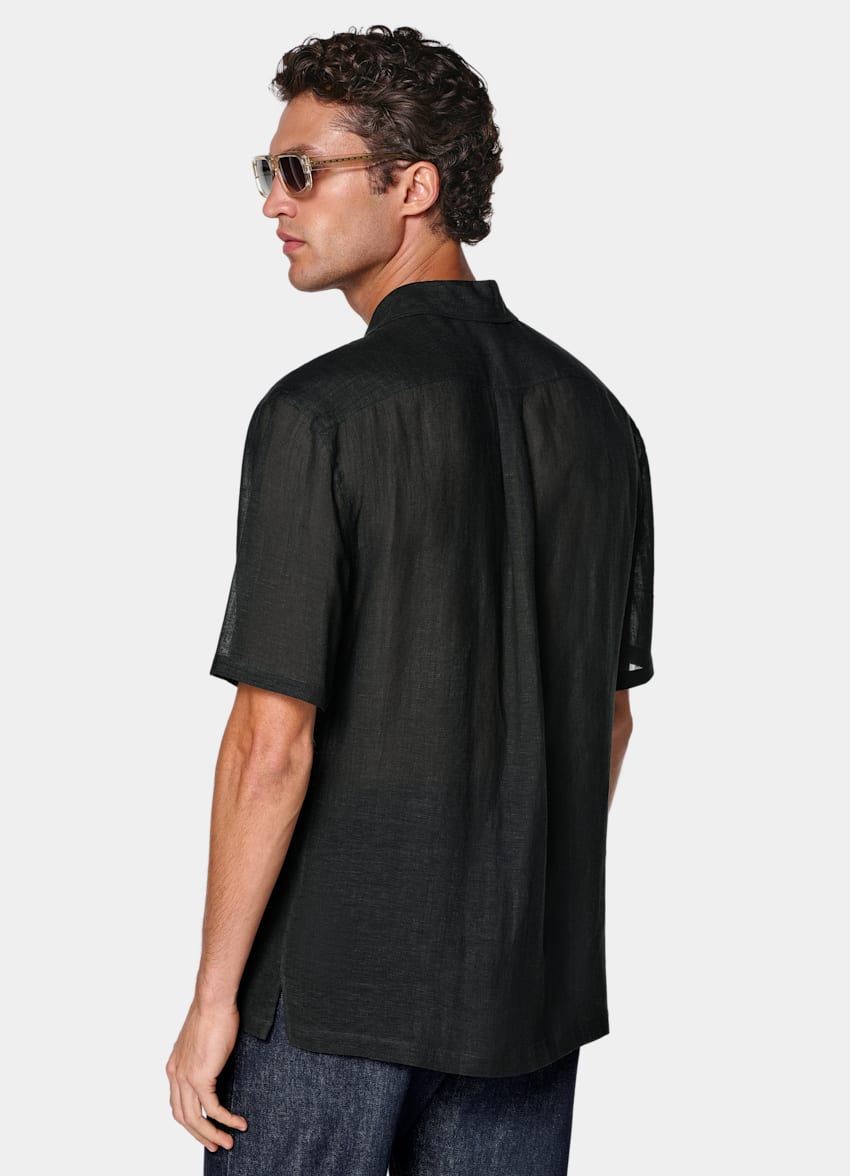 Black Viscose Linen Short Sleeve Shirt
