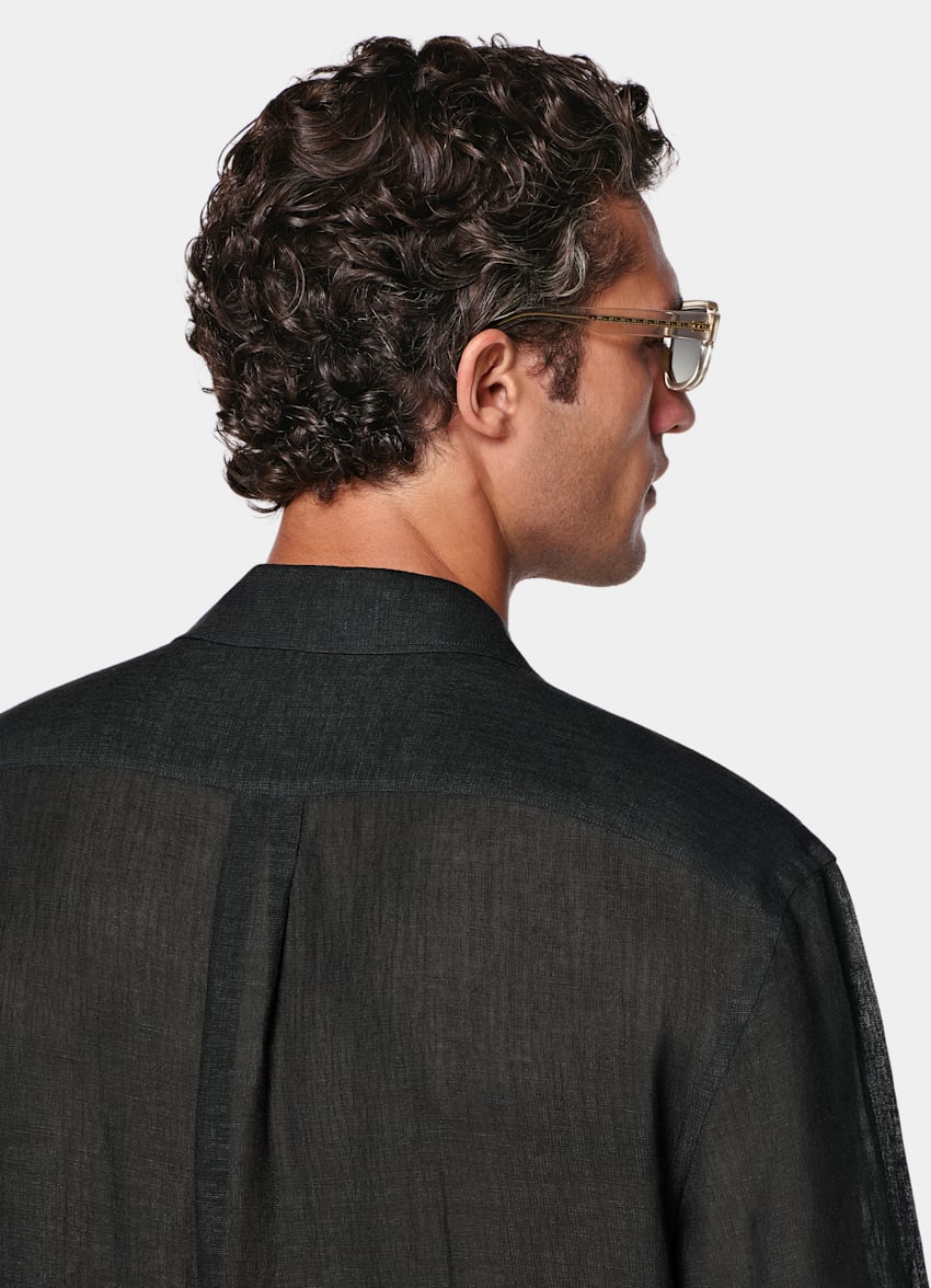 Black Viscose Linen Short Sleeve Shirt