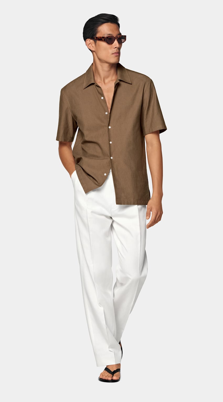 Mid Brown Cotton Short Sleeve Shirt