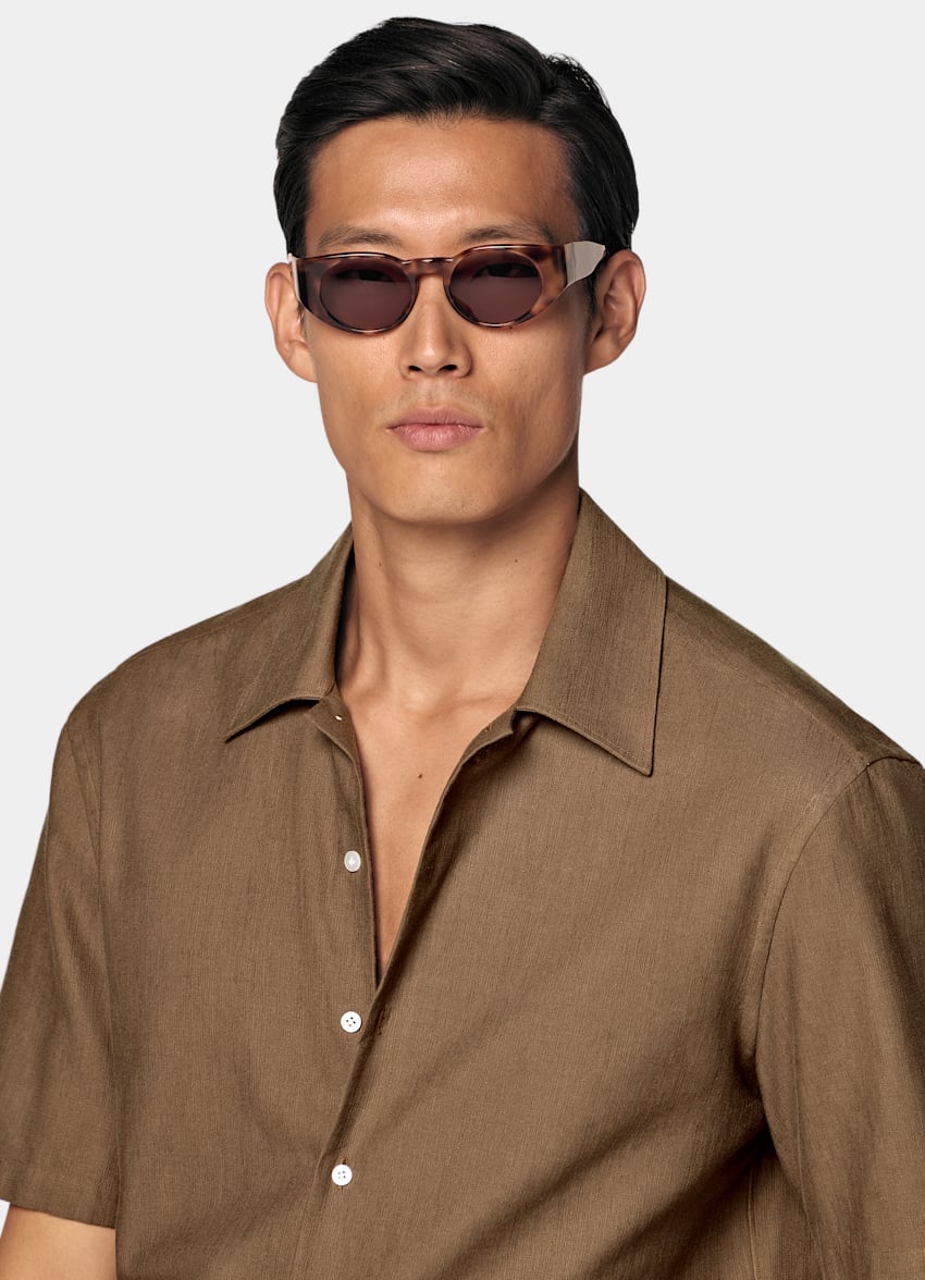 Mid Brown Cotton Short Sleeve Shirt