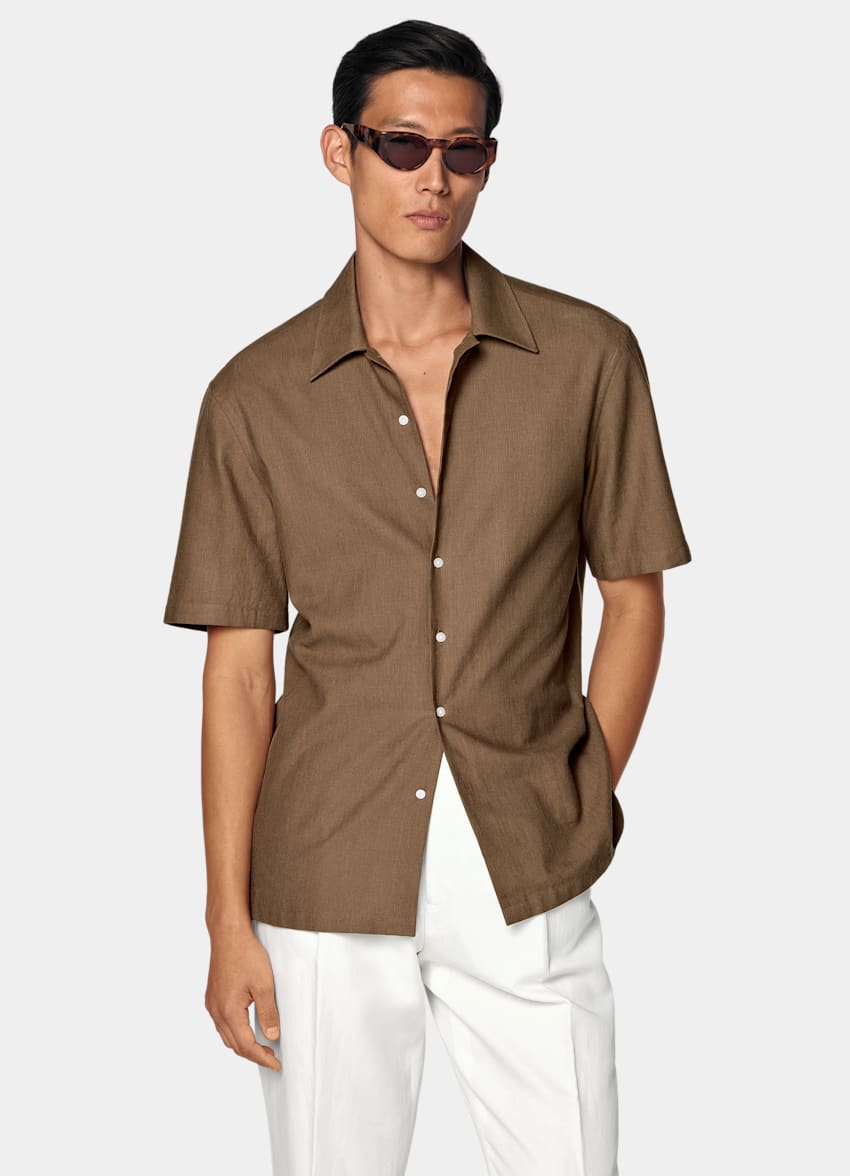 Mid Brown Cotton Short Sleeve Shirt