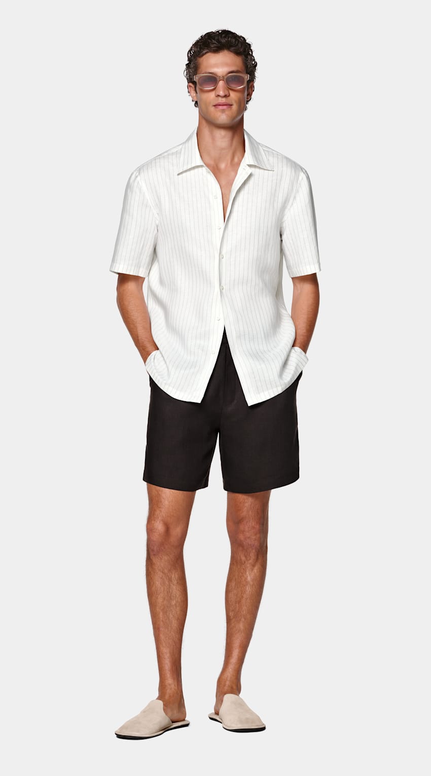 Light Grey Striped Linen Lyocell Short Sleeve Shirt