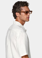 Light Grey Striped Linen Lyocell Short Sleeve Shirt