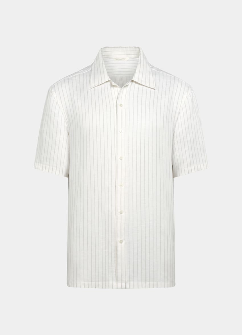 Light Grey Striped Linen Lyocell Short Sleeve Shirt