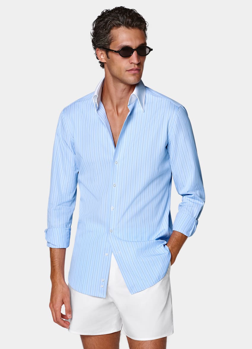 Light Blue Striped Point Collar Shirt