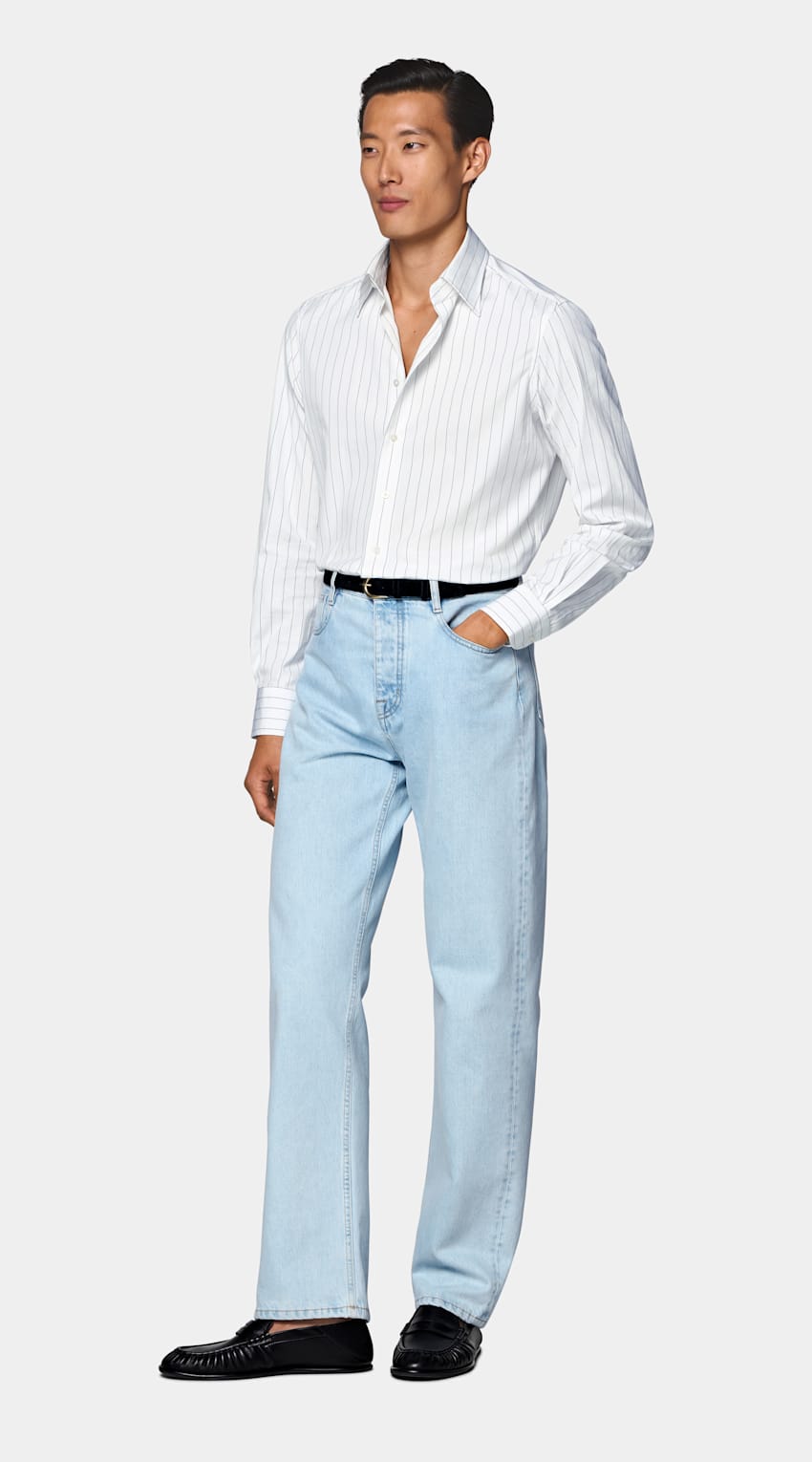White Striped Point Collar Shirt