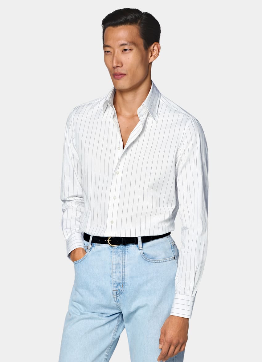White Striped Point Collar Shirt