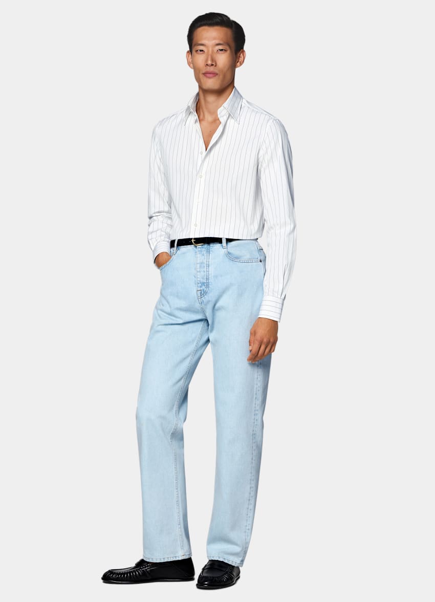 White Striped Point Collar Shirt
