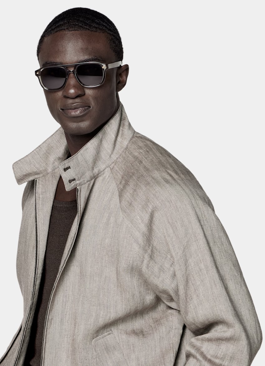 Dark Brown Herringbone Raglan Bomber Jacket
