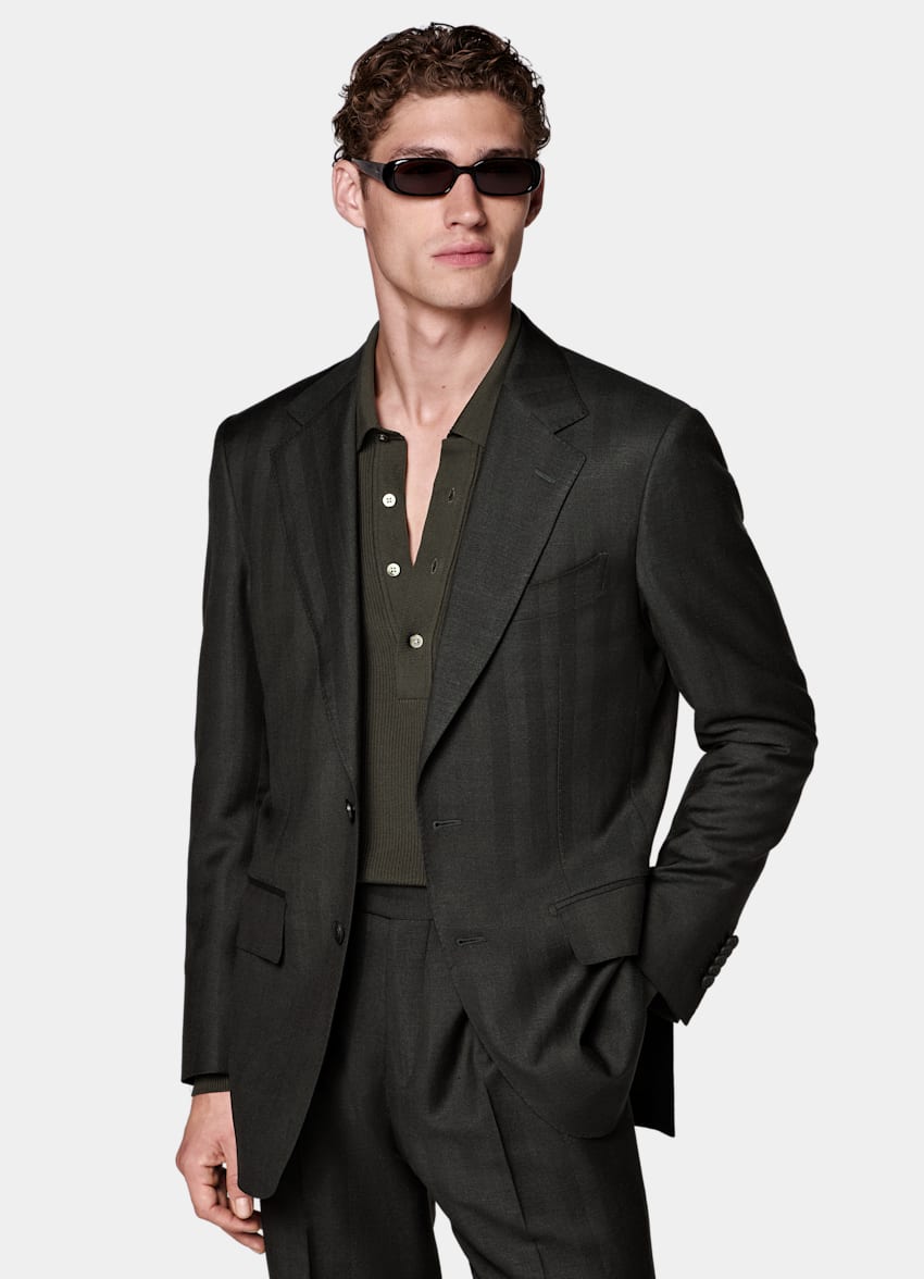Dark Brown Herringbone Tailored Fit Milano Suit