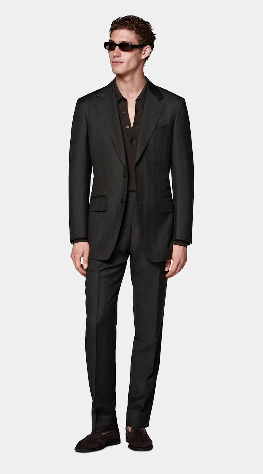 Dark Brown Herringbone Tailored Fit Milano Suit