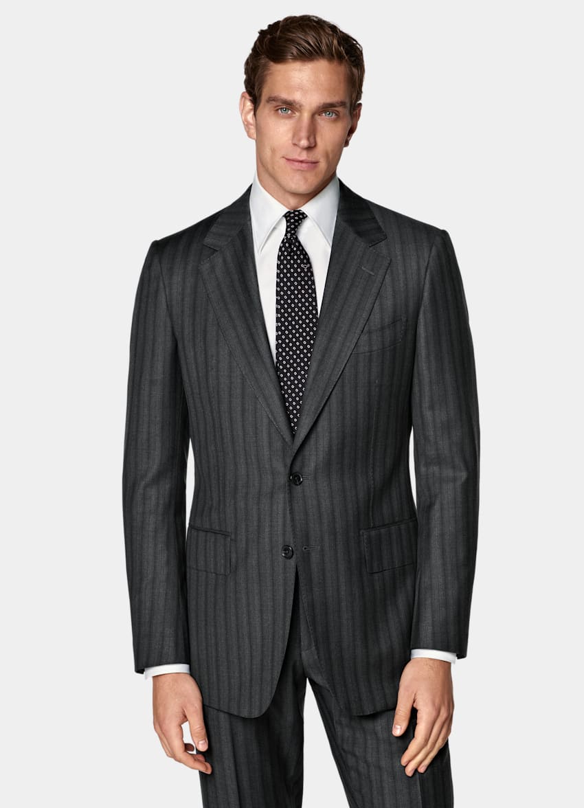 Dark Grey Striped Tailored Fit Milano Suit